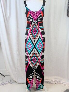 Allen Schwartz ABS Maxi Dress | Black, Pink & Teal Geometric Stripe - Size M